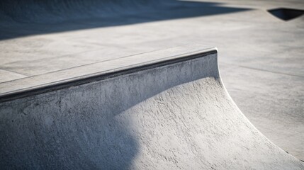 A skateboard park's ramp with the concrete surface and rail, outdoor setting with midday sun, Rough style