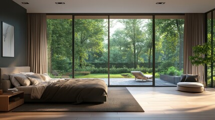 Fototapeta premium A modern bedroom with large windows overlooking a serene garden.