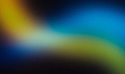 Abstract glowing dark blue green orange color wave grainy gradient texture backdrop design, color flow on dark, noise texture, cover, website header, copy space.