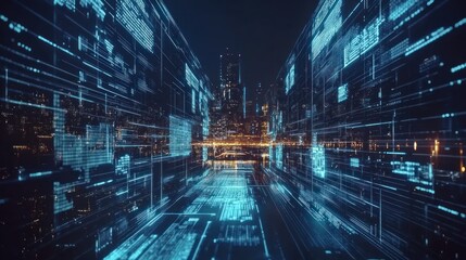 Obraz premium Futuristic cityscape with digital data streams illustrating technology and innovation.