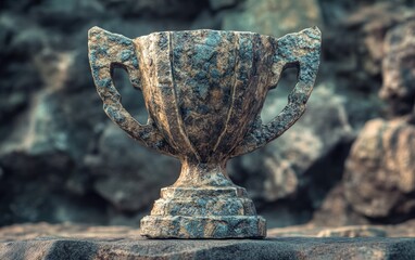 3D trophy with a stone texture, rough and rugged, resembling a chiseled rock formation. 