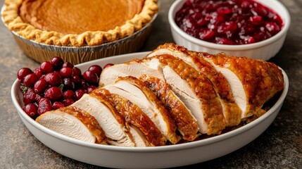 Thanksgiving feast with roasted turkey slices, cranberry sauce, and pumpkin pie, styled for a cozy family celebration