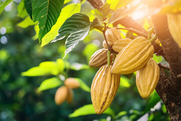 cacao plantation fruit with green leaves on trees