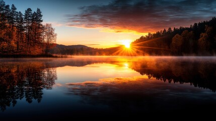 Tranquil Sunrise at Calm Lake with Pink and Orange Hues and Rising Mist