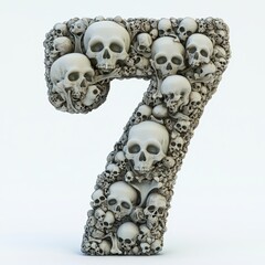 3D number 7 with skulls and bones texture, realistic modern design, soft lighting, white background 