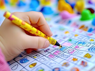 Whimsical Checklist Adventure: A Child's Hand with Crayon Ticking Off Fun Items - Perfect for a Colorful Sports Room Poster!