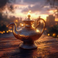 An ornate teapot sits on a wooden table at sunset in a tranquil garden setting