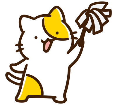 はたきで掃除をするかわいいねこのキャラクターのデフォルメイラスト