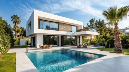 Fototapeta premium Modern villa with a pool and lush garden in a sunny setting.