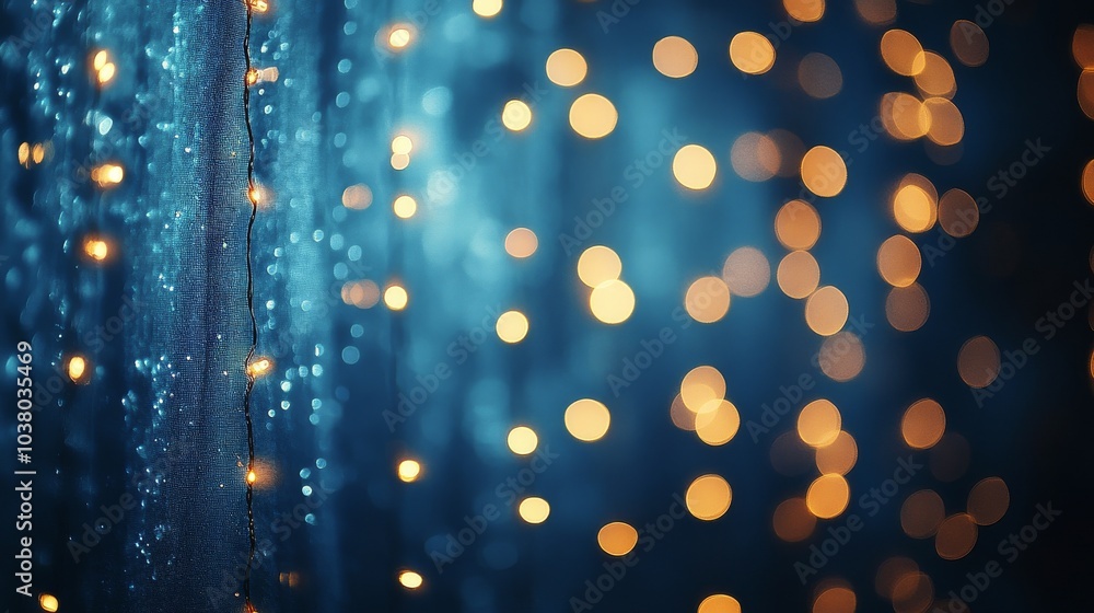 Poster soft blue background with glowing bokeh lights creating a serene atmosphere in evening decor