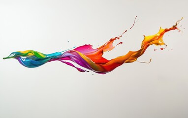 A single vibrant paint drop suspended mid-air, with colorful, fluid tendrils extending from it in dynamic, swirling shapes as if caught in motion. 