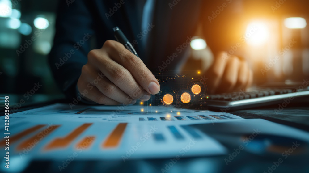 Poster professional analyzing data with graphs and charts, showcasing collaborative environment. focus is o