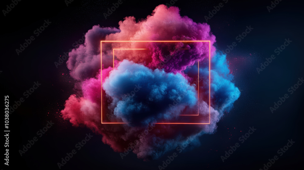 Poster surreal abstract cloud illuminated with neon colors, creating vibrant and dynamic visual experience.