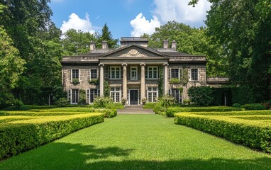 Obraz premium Georgian manor surrounded by manicured gardens on a bright summer day, with its grand windows and elegant symmetrical design. 