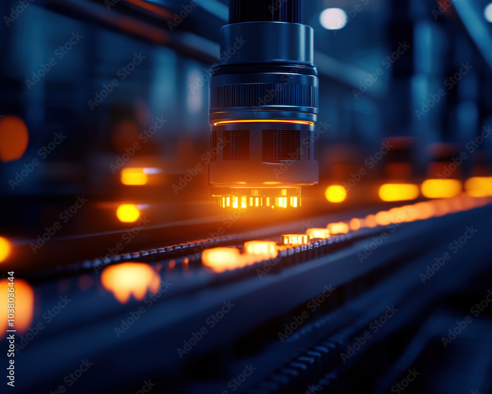 Poster high tech production line with glowing interface and advanced machinery, showcasing precision and in