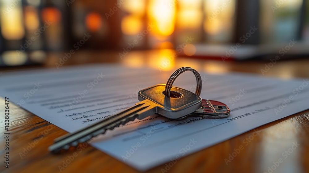 Poster agent handing over keys to a new apartment to a happy client with a background of paperwork and cont