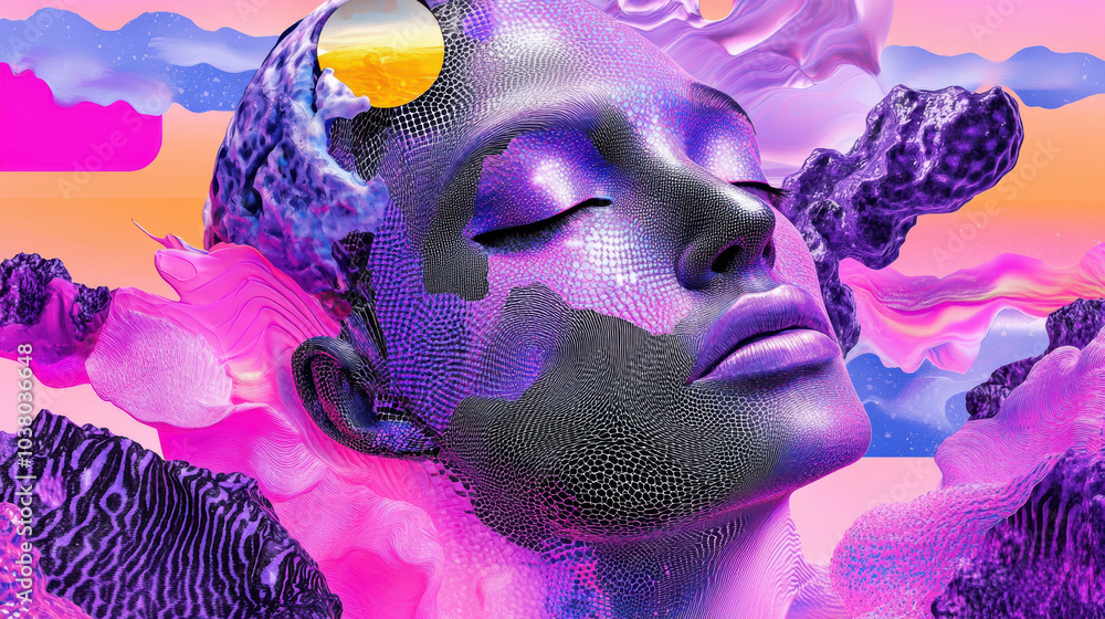Poster mesmerizing digital artwork featuring stylized face with flowing patterns and vibrant colors. piece 