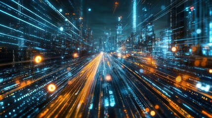 Fototapeta premium Abstract representation of a futuristic city with vibrant light trails and digital elements.