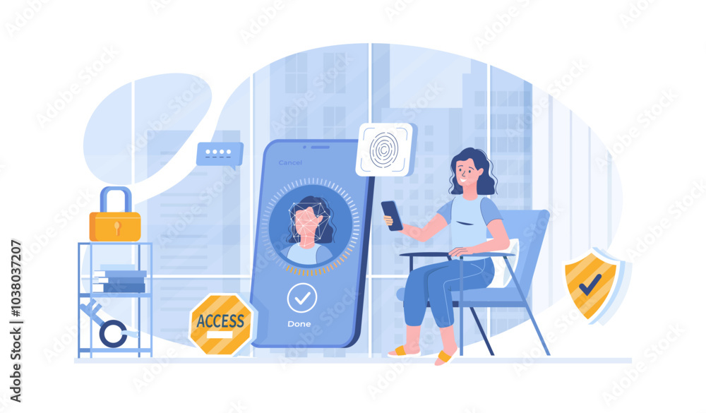 Poster biometric access control, personal verification. identification with fingerprint matching or face re