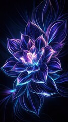 A vibrant, abstract floral design with glowing purple and blue petals against a dark background, showcasing a mesmerizing interplay of light.