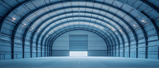 Fototapeta premium Vast Industrial Hangar: A spacious, modern hangar with arched ceilings and a large open door, offering a sense of scale and potential. 