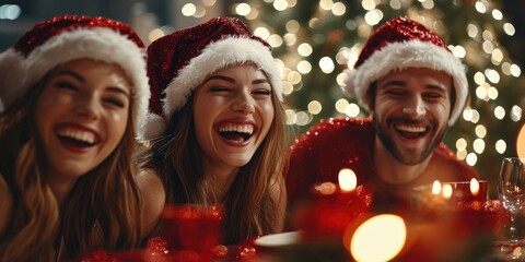 happy friends laughing sitting at Christmas table. ai generated
