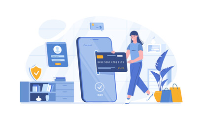 Mobile banking, online internet payment. Mobile application, service for money transactions. Vector illustration with characters in flat design for web banner.