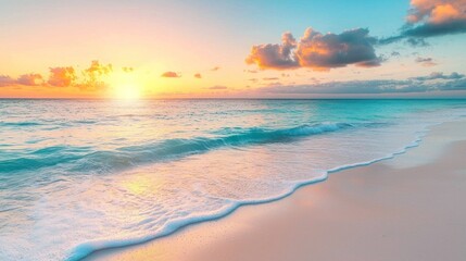 Serene beach scene with turquoise waters, white sand, and a colorful sunset