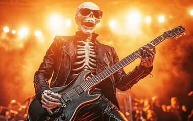 A skeleton on stage, rocking out with an electric guitar, surrounded by stage lights and speakers. The skeleton is wearing sunglasses and a leather jacket, with a crowd cheering in the background. 