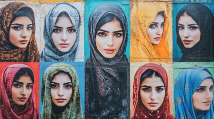 A vibrant mural featuring diverse women in headscarves, showcasing cultural beauty and identity.
