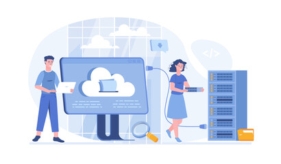 Hosting provider. Website hosting service, internet provider hardware and software technology. Vector illustration with characters in flat design for web banner.