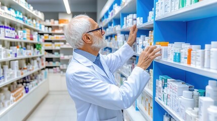 Senior pharmacist organizing products on shelves in modern pharmacy.