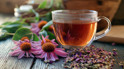 Herbal echinacea tea with dried flowers and leaves.