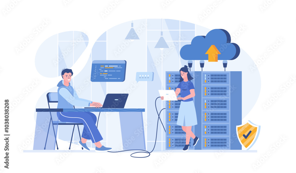 Poster data center. hosting provider, data storage, cloud technologies. server racks, datacenter equipment.