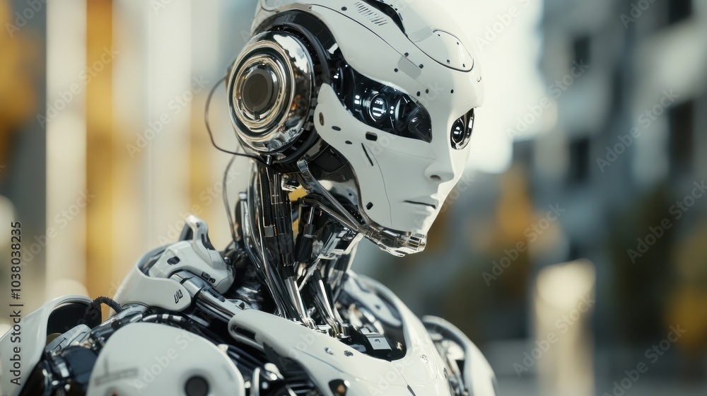 Poster a futuristic humanoid robot with intricate design and metallic features.