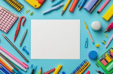 Colorful stationery and stationery supplies arranged around blank paper on a blue background