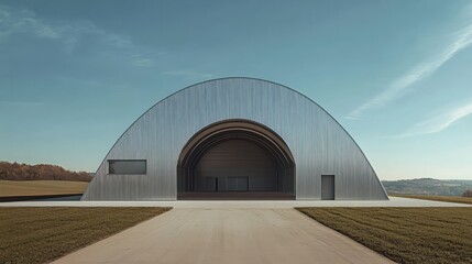 A massive warehouse with an arched roof.