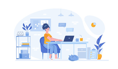 Freelance concept. Online web job, internet worker. Girl works in comfortable environment at home. Vector illustration with characters in flat design for web banner.