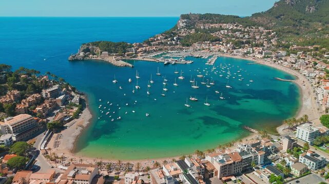 Aerial view of the summer resort town Port de Soller on Mallorca, Spain