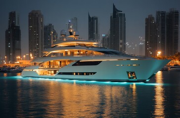 Luxury yacht at sunset with stunning Dubai skyline in the background