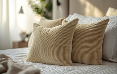 Cushions arranged neatly on a comfortable bed in a cozy, well lit bedroom interior