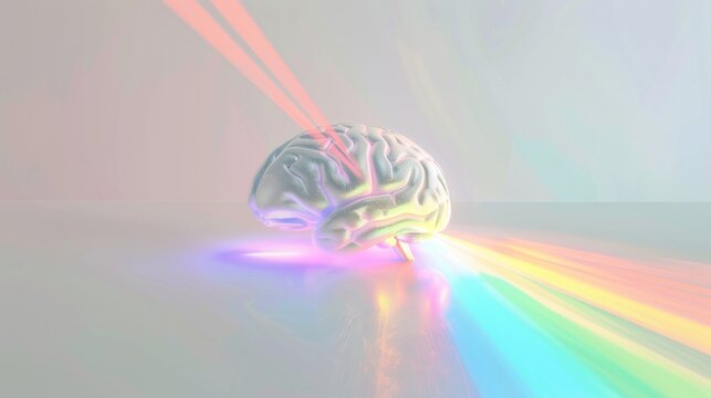 a minimalist representation of the human brain as a luminous prism, with rays of thought refracting into a spectrum of ideas and insights