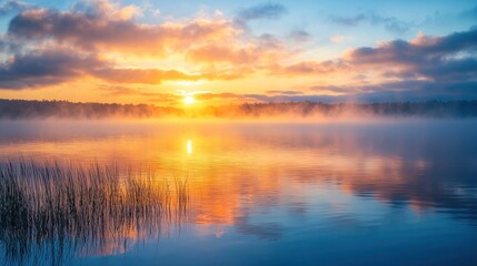 Obraz premium Stunning sunrise over a calm lake with mist rising from the water