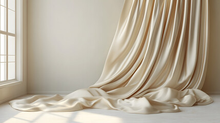 Elegant soft beige fabric drape with gentle light and shadows, creating a serene and luxurious atmosphere