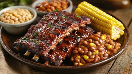 lose-up of a barbecue plate with charred ribs, corn on the cob, and baked beans