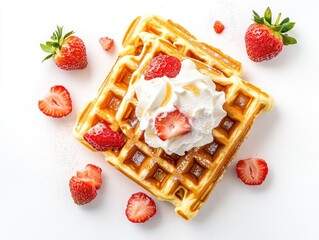 Delicious belgian waffles with fresh strawberries and whipped cream on white background