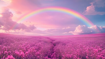 Panoramic view of purple meadow merging with rose rainbow