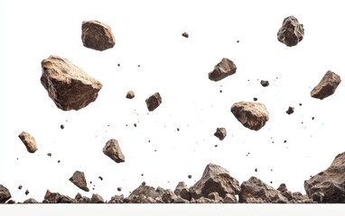 Flying asteroids cut out on white background 