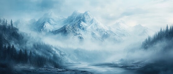 Obraz premium Icy mountain stream cutting through misty landscape