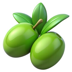 green olives with leaves 3d render icons in cartoon plastic style minimal isolated on transparent white background, clipping path